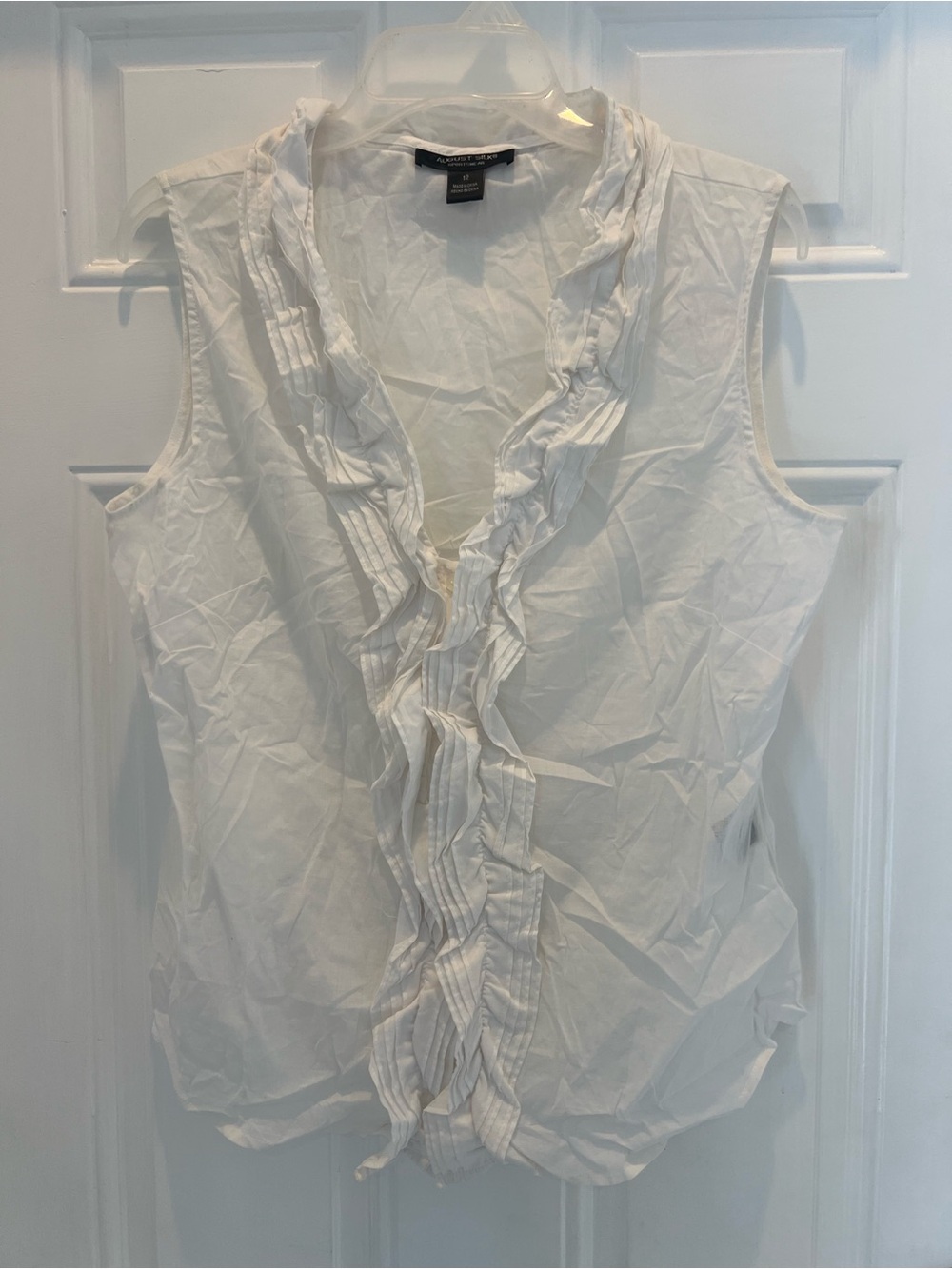 August Silk Womens Size 12 White 100% Cotton Ruffle Blouse Top Sleeveless #960